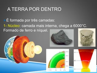A TERRA POR DENTRO
É formada por três camadas:
1- Núcleo: camada mais interna, chega a 6000°C.
Formado de ferro e níquel.
 