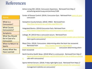References
Home
What is a
Concussion?
Symptoms
Assess What You
Have Learned
What Causes
Concussions?
What You Should
Do In Case of a
Concussion
When to Return to
Sports
Active Living IWS. (2014). Concussion Awareness. Retrieved from http://
activeliving.westernsurg.com/archives/1304
Center of Disease Control. (2014). Concussion Quiz. Retrieved from www.cdc.gov/
concussion
Hampshire County Schools. (2014). SPACE. Retrieved from
http://boe.hamp.k12.wv.us/index.aspx?NID=510
Integrated Bionics. (2014) Concussion facts. Retrieved from
http://www.integratedbionics.com/concussion-in-youth-sports/
LeStage, M. (2013) How a concussion occurs. Retrieved from
http://www.articulate.com/blog/coaching-association-canada-uses-e-learning-
stem-sports-concussions/
Mayo Clinic. (2014). Concussions: determining when the brain has recovered.
Retrieved from http://www.mayoclinic.org/medical-
professionals/clinical-updates/neurosciences/ concussion-determining-when-
brain-recovered
North Carolina Health News. (2014) What is a concussion. Retrieved from http://
www.northcarolinahealthnews.org/2013/03/13/first-line-of-defense-playing-
it- safe-with-concussions/
Sports Helmet Sensors. (2014). Friday night lights (out). Retrieved from https://
www.theshockbox.com/community/blog/helmet-sensors-for-concussion-
management-statistics-on-concussion/
 