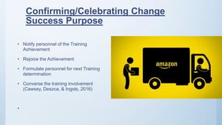 Confirming/Celebrating Change
Success Purpose
• Notify personnel of the Training
Achievement
• Rejoice the Achievement
• Formulate personnel for next Training
determination
• Converse the training involvement
(Cawsey, Deszca, & Ingols, 2016)
•
 