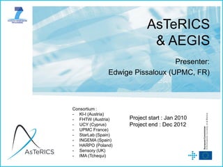 AsTeRICS
                             & AEGIS
                                  Presenter:
               Edwige Pissaloux (UPMC, FR)



Consortium :
- KI-I (Austria)
- FHTW (Austria)     Project start : Jan 2010
- UCY (Cyprus)       Project end : Dec 2012
- UPMC France)
- StarLab (Spain)
- INGEMA (Spain)
- HARPO (Poland)
- Sensory (UK)
- IMA (Tchequi)
 