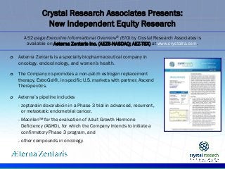.
o Aeterna Zentaris is a specialty biopharmaceutical company in
oncology, endocrinology, and women’s health.
o The Company co-promotes a non-patch estrogen replacement
therapy, EstroGel®, in specific U.S. markets with partner, Ascend
Therapeutics.
o Aeterna’s pipeline includes
- zoptarelin doxorubicin in a Phase 3 trial in advanced, recurrent,
or metastatic endometrial cancer,
- Macrilen™ for the evaluation of Adult Growth Hormone
Deficiency (AGHD), for which the Company intends to initiate a
confirmatory Phase 3 program, and
- other compounds in oncology.
Crystal Research Associates Presents:
New Independent Equity Research
A 52-page Executive Informational Overview® (EIO) by Crystal Research Associates is
available on Aeterna Zentaris Inc. (AEZS-NASDAQ; AEZ-TSX) at www.crystalra.com.
 