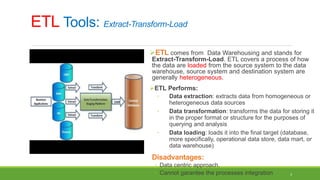 3
ETL Tools: Extract-Transform-Load
ETL comes from Data Warehousing and stands for
Extract-Transform-Load. ETL covers a process of how
the data are loaded from the source system to the data
warehouse, source system and destination system are
generally heterogeneous.
ETL Performs:
◦ Data extraction: extracts data from homogeneous or
heterogeneous data sources
◦ Data transformation: transforms the data for storing it
in the proper format or structure for the purposes of
querying and analysis
◦ Data loading: loads it into the final target (database,
more specifically, operational data store, data mart, or
data warehouse)
Disadvantages:
◦ Data centric approach.
◦ Cannot garantee the processes integration
 