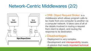 5
Network-Centric Middlewares (2/2)
ORB: Object Request Broker: is a
middleware which allows program calls to
be made from one computer to another via
a computer network. It takes care of all of
the details involved in routing a request
from client to object, and routing the
response to its destination.
Disadvantages :
◦ Deployment is very complex.
◦ Development and interoperability issues.
◦ A solution that needs important technical
skills.
 