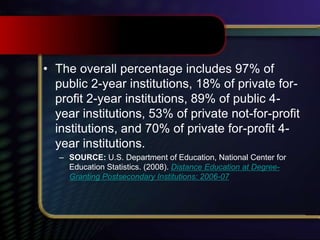 • The overall percentage includes 97% of
public 2-year institutions, 18% of private for-
profit 2-year institutions, 89% of public 4-
year institutions, 53% of private not-for-profit
institutions, and 70% of private for-profit 4-
year institutions.
– SOURCE: U.S. Department of Education, National Center for
Education Statistics. (2008). Distance Education at Degree-
Granting Postsecondary Institutions: 2006-07
 