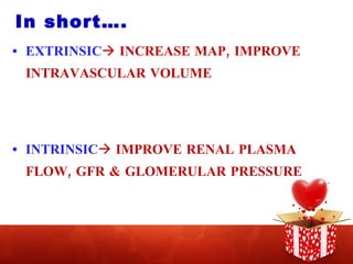 In short…. EXTRINSIC   INCREASE MAP, IMPROVE INTRAVASCULAR VOLUME INTRINSIC   IMPROVE RENAL PLASMA FLOW, GFR & GLOMERULAR PRESSURE 