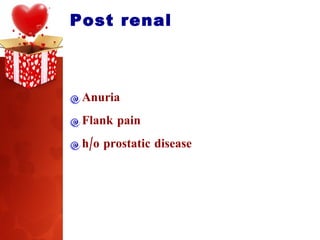 Post renal Anuria Flank pain h/o prostatic disease 