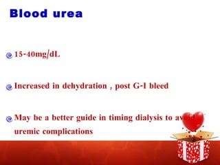 Blood urea 15-40mg/dL Increased in dehydration , post G-I bleed May be a better guide in timing dialysis to avoid uremic complications 