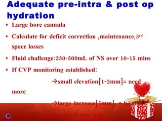 Adequate pre-intra & post op hydration Large bore cannula Calculate for deficit correction ,maintenance,3 rd  space losses Fluid challenge:250-500mL of NS over 10-15 mins If CVP monitoring established:  small elevation[1-2mm]= need more  large increase[5mm]  = be slow Colloid Controversies   over use  in sepsis 