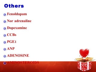 Others  Fenoldapam Nor adrenaline Dopexamine CCBs PGE1 ANP ADENOSINE AMINOSTEROIDS 