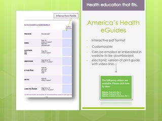 America’s Health
eGuides
• Interactive pdf format
• Customizable
• Can be emailed or imbedded in
website to be downloaded.
• electronic version of print guide
with video links
Interactive Fields
 