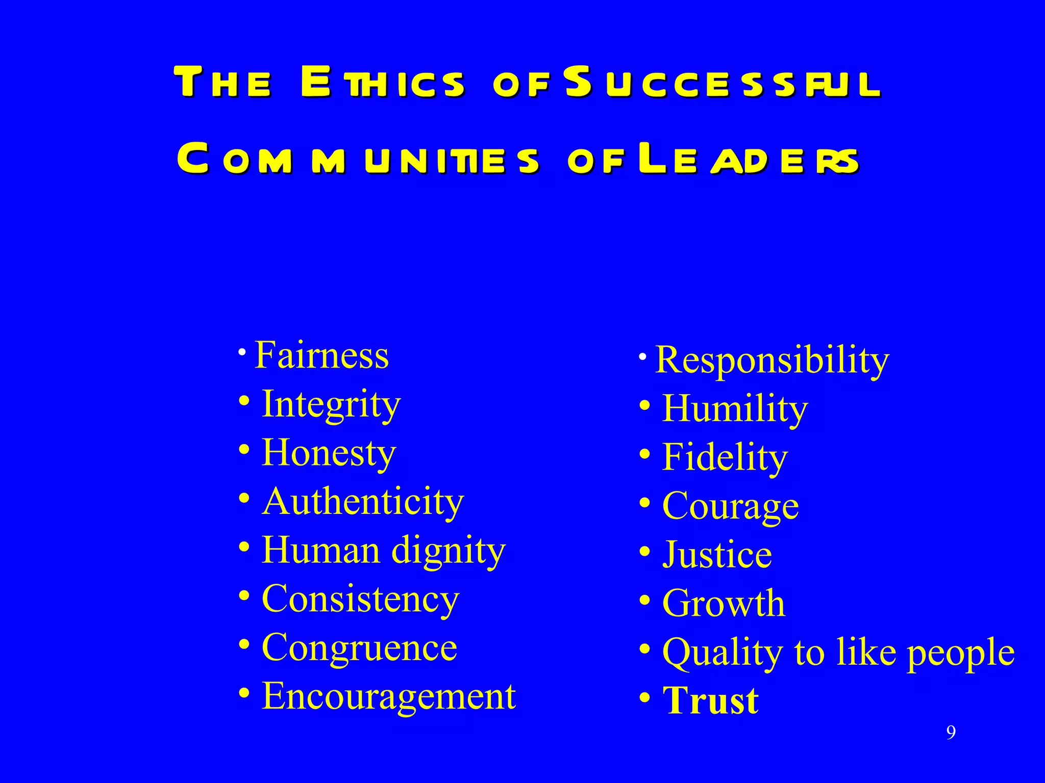 The Ethics of Successful Communities of Leaders Fairness Integrity Honesty Authenticity Human dignity Consistency Congruence  Encouragement Responsibility Humility Fidelity Courage Justice Growth Quality to like people Trust 