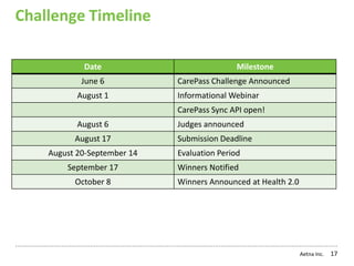 Challenge Timeline

            Date                             Milestone
            June 6           CarePass Challenge Announced
           August 1          Informational Webinar
                             CarePass Sync API open!
           August 6          Judges announced
          August 17          Submission Deadline
    August 20-September 14   Evaluation Period
        September 17         Winners Notified
          October 8          Winners Announced at Health 2.0




                                                               Aetna Inc.   17
 