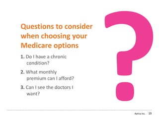 Aetna Inc. 19
Questions to consider
when choosing your
Medicare options
1. Do I have a chronic
condition?
2. What monthly
premium can I afford?
3. Can I see the doctors I
want?
 