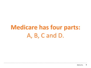 Aetna Inc.
Medicare has four parts:
A, B, C and D.
4
 