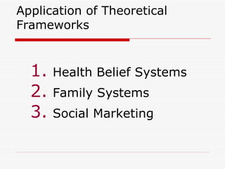 Application of Theoretical Frameworks Health Belief Systems Family Systems Social Marketing 