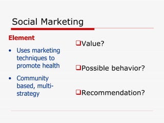 Social Marketing Element Uses marketing techniques to promote health  Community based, multi-strategy Value? Possible behavior? Recommendation? 