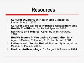 Cultural Diversity in Health and Illness.  By Rachel Spector 2003 Cultural Care Guide to Heritage Assessment and Health Traditions.  By Rachel Spector 2003 Ethnicity and Medical Care.  By Alan Harwood, 1981 Health Issues in the Latino Community.  By M. Aguirre-Molina, C. Molina, R. E. Zambrana. 2001. Latina Health in the United States . By M. Aguirre-Molina, C. Molina. 2003. Medical Anthropology.  By Sargent & Johnson 1994 Resources 