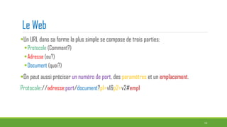 Le Web
Un URL dans sa forme la plus simple se compose de trois parties:
Protocole (Comment?)
Adresse (ou?)
Document (quoi?)
On peut aussi préciser un numéro de port, des paramètres et un emplacement.
Protocole://adresse:port/document?p1=v1&p2=v2#empl
10
 
