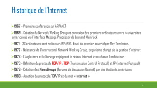 Historique de l’Internet
1967 - Première conférence sur ARPANET
1969 - Création du Network Working Group et connexion des premiers ordinateurs entre 4 universités
américaines via l'Interface Message Processor de Leonard Kleinrock
1971 - 23 ordinateurs sont reliés sur ARPANET. Envoi du premier courriel par Ray Tomlinson.
1972 - Naissance de l'International Network Working Group, organisme chargé de la gestion d’Internet
1973 - L'Angleterre et la Norvège rejoignent le réseau Internet avec chacun 1 ordinateur
1973 - Définition du protocole TCP/IP : TCP (Transmission Control Protocol) et IP (Internet Protocol)
1979 - Création des NewsGroups (forums de discussion Usenet) par des étudiants américains
1983 - Adoption du protocole TCP/IP et du mot « Internet »
1
 