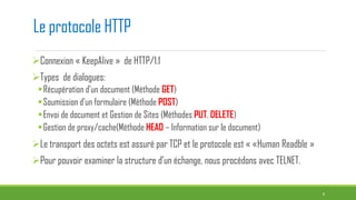 Connexion « KeepAlive » de HTTP/1.1
Types de dialogues:
Récupération d’un document (Méthode GET)
Soumission d’un formulaire (Méthode POST)
Envoi de document et Gestion de Sites (Méthodes PUT, DELETE)
Gestion de proxy/cache(Méthode HEAD – Information sur le document)
Le transport des octets est assuré par TCP et le protocole est « «Human Readble »
Pour pouvoir examiner la structure d’un échange, nous procédons avec TELNET.
4
Le protocole HTTP
 