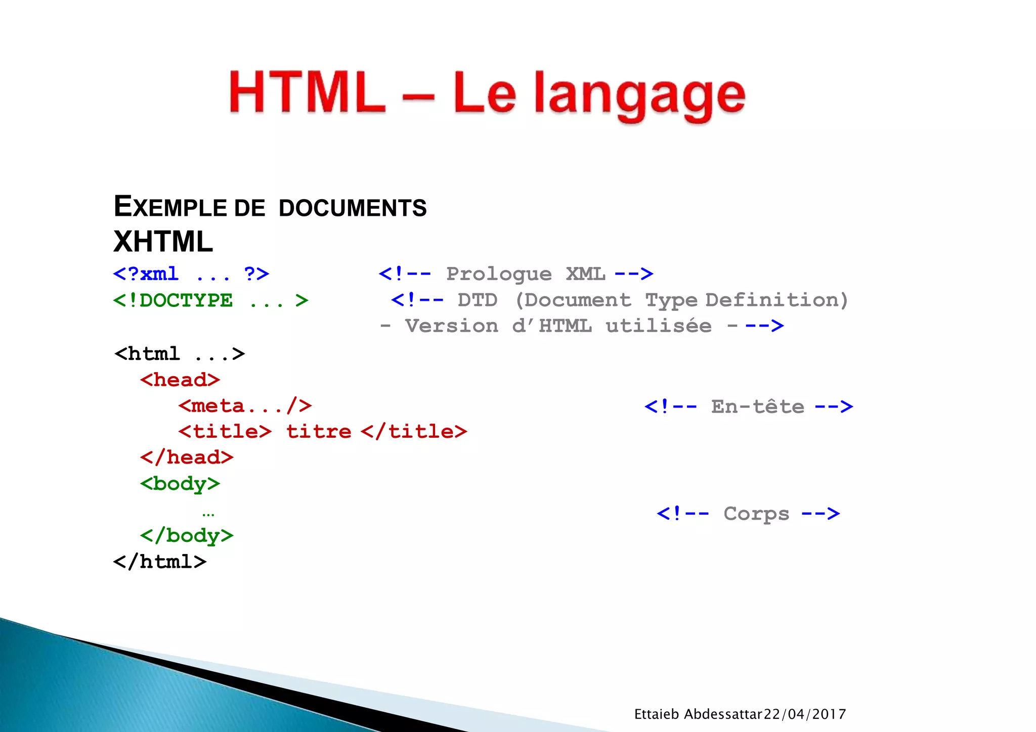 22/04/2017Ettaieb Abdessattar
<?xml ... ?>
<!DOCTYPE ... >
<!-- Prologue XML -->
<!-- DTD (Document Type Definition)
- Version d’HTML utilisée - -->
<!-- En-tête -->
<!-- Corps -->
<html ...>
<head>
<meta.../>
<title> titre </title>
</head>
<body>
…
</body>
</html>
EXEMPLE DE DOCUMENTS
XHTML
 