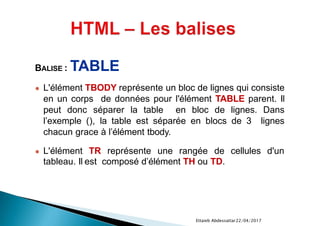 22/04/2017Ettaieb Abdessattar
BALISE : TABLE
● L'élément TBODY représente un bloc de lignes qui consiste
en un corps de données pour l'élément TABLE parent. Il
peut donc séparer la table en bloc de lignes. Dans
l’exemple (), la table est séparée en blocs de 3 lignes
chacun grace à l’élément tbody.
● L'élément TR représente une rangée de cellules d'un
tableau. Il est composé d’élément TH ou TD.
 