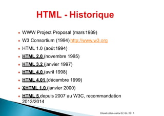 22/04/2017Ettaieb Abdessattar
● WWW Project Proposal (mars1989)
● W3 Consortium (1994) http://www.w3.org
● HTML 1.0 (août1994)
● HTML 2.0 (novembre 1995)
● HTML 3.2 (janvier 1997)
● HTML 4.0 (avril 1998)
● HTML 4.01 (décembre 1999)
● XHTML 1.0 (janvier 2000)
● HTML 5 depuis 2007 au W3C, recommandation
2013/2014
 