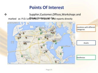 Points Of Interest
Supplier,Customer,Offices,Workshops and
Driver homes can be

marked as P.O.I and reflect in alerts and reports directly
Page 23
Geofences
Assets
Locations with different
categories
 