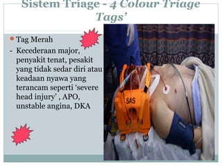 Sistem Triage - 4 Colour Triage
Tags’
Tag Merah
- Kecederaan major,
penyakit tenat, pesakit
yang tidak sedar diri atau
keadaan nyawa yang
terancam seperti ‘severe
head injury’ , APO,
unstable angina, DKA
 