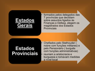 • formados pelos delegados das
7 províncias que decidiam
sobre assuntos ligados às
Finanças e Defesa, elegem os
magistrados dos Estados
Provinciais
Estados
Gerais
• Chefiados pelo Stathouder (
nobre com funções militares) e
pelo Pensionário ( burguês
com funções administrativas)
• reuniam a aristocracia e
burguesia e tomavam medidas
a nível local
Estados
Provinciais
 