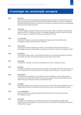 39
A E U R O P A E M 1 2 L I Ç Õ E S P O R P A S C A L F O N T A I N E
Cronologia da construção europeia
1950 9 de maio
Robert Schuman, ministro dos Negócios Estrangeiros francês, profere um importante discurso em
que avança propostas inspiradas nas ideias de Jean Monnet. Propõe que a França e a República
Federal da Alemanha ponham em comum os seus recursos de carvão e de aço, numa organização
aberta aos outros países da Europa.
1951 18 de abril
Seis países (Bélgica, República Federal da Alemanha, França, Itália, Luxemburgo e Países Baixos)
assinam em Paris o Tratado que institui a Comunidade Europeia do Carvão e do Aço (CECA), que
entra em vigor em 23 de julho de 1952, por um período de 50 anos.
1955 1 e 2 de junho
Reunidos em Messina, os ministros dos Negócios Estrangeiros dos Seis decidem tornar
a integração europeia extensiva a toda a economia.
1957 25 de março
Assinatura em Roma dos tratados que instituem a Comunidade Económica Europeia (CEE) e a
Comunidade Europeia da Energia Atómica (Euratom), que entram em vigor em 1 de janeiro de 1958.
1960 4 de janeiro
Por iniciativa do Reino Unido, a Convenção de Estocolmo cria a Associação Europeia de Comércio
Livre (EFTA), que reúne vários países europeus que não fazem parte da CEE.
1963 20 de julho
É assinado em Yaoundé um acordo de associação entre a CEE e 18 países africanos.
1965 8 de abril
É assinado o Tratado de Fusão dos executivos das três Comunidades (CECA, CEE e Euratom) e que
cria um Conselho e uma Comissão únicos. Este tratado entra em vigor em 1 de julho de 1967.
1966 29 de janeiro
«Compromisso do Luxemburgo»: na sequência de uma crise política, a França aceita retomar
o seu lugar nas reuniões do Conselho, a troco da manutenção da regra da unanimidade quando
estejam em jogo «interesses nacionais de importância vital».
1968 1 de julho
Eliminação completa, com 18 meses de avanço sobre o previsto, dos direitos aduaneiros entre os
Estados‑Membros sobre os produtos industriais. Entra em vigor uma pauta aduaneira comum.
1969 1 e 2 de dezembro
Na cimeira de Haia, os dirigentes políticos da CEE decidem dar novo impulso ao processo
de integração europeia.
1970 22 de abril
É assinado no Luxemburgo um tratado que permite que as Comunidades Europeias sejam
progressivamente financiadas por «recursos próprios» e que confere maiores poderes de controlo
ao Parlamento Europeu.
 