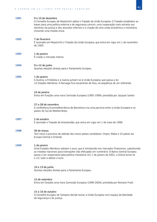 41
A E U R O P A E M 1 2 L I Ç Õ E S P O R P A S C A L F O N T A I N E
1991 9 e 10 de dezembro
O Conselho Europeu de Maastricht adota o Tratado da União Europeia. O Tratado estabelece as
bases para uma política externa e de segurança comum, uma cooperação mais estreita nos
domínios da justiça e dos assuntos internos e a criação de uma união económica e monetária,
incluindo uma moeda única.
1992 7 de fevereiro
É assinado em Maastricht o Tratado da União Europeia, que entra em vigor em 1 de novembro
de 1993.
1993 1 de janeiro
É criado o mercado interno.
1994 9 e 12 de junho
Quartas eleições diretas para o Parlamento Europeu.
1995 1 de janeiro
A Áustria, a Finlândia e a Suécia juntam‑se à União Europeia, que passa a ter
15 Estados‑Membros. A Noruega fica novamente de fora, na sequência de um referendo.
23 de janeiro
Entra em funções uma nova Comissão Europeia (1995-1999), presidida por Jacques Santer.
27 a 28 de novembro
A conferência Euromediterrânica de Barcelona cria uma parceria entre a União Europeia e os
países do Sul do Mediterrâneo.
1997 2 de outubro
É assinado o Tratado de Amesterdão, que entra em vigor em 1 de maio de 1999.
1998 30 de março
Tem início o processo de adesão dos novos países candidatos: Chipre, Malta e 10 países da
Europa Central e Oriental.
1999 1 de janeiro
Onze Estados‑Membros adotam o euro, que é introduzido nos mercados financeiros, substituindo
as moedas nacionais para transações não efetuadas em numerário. O Banco Central Europeu
passa a ser responsável pela política monetária. Em 1 de janeiro de 2001, a Grécia torna‑se
o 12.º país a adotar o euro.
10 e 13 de junho
Quintas eleições diretas para o Parlamento Europeu.
15 de setembro
Entra em funções uma nova Comissão Europeia (1999-2004), presidida por Romano Prodi.
15 a 16 de outubro
O Conselho Europeu de Tampere decide tornar a União Europeia num espaço de liberdade,
de segurança e de justiça.
 
