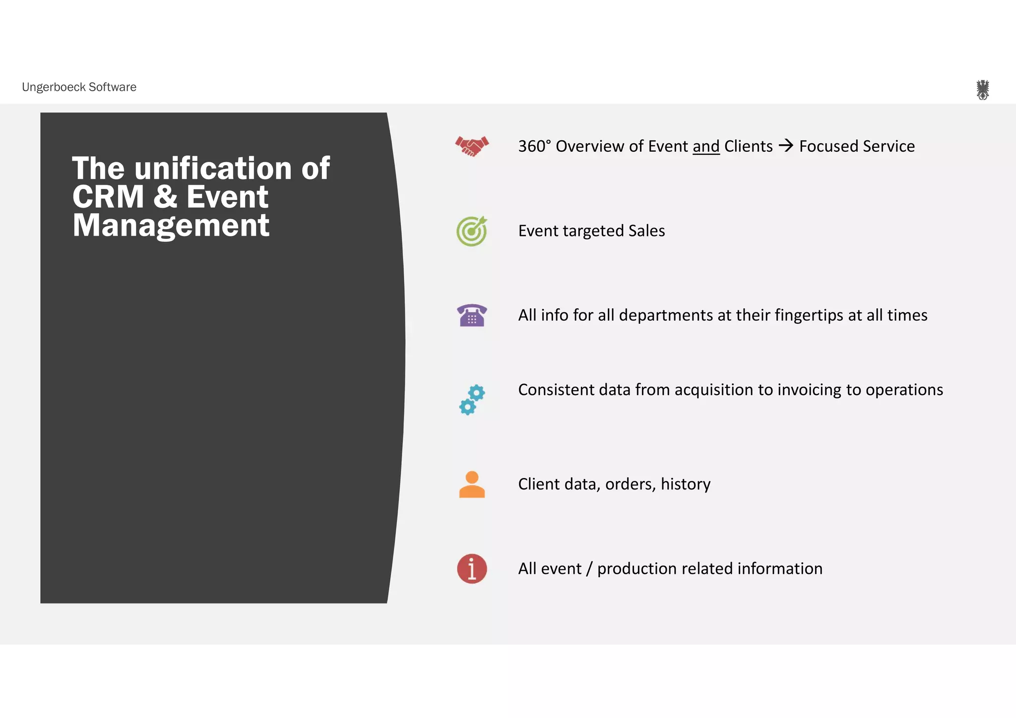 Ungerboeck Software
The unification of
CRM & Event
Management
360° Overview of Event and Clients  Focused Service
Event targeted Sales
All info for all departments at their fingertips at all times
Consistent data from acquisition to invoicing to operations
Client data, orders, history
All event / production related information
 