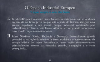 O Espaço Industrial Europeu 
A água sempre é uma das bases 
I. Benelux (Bélgica, Holanda e Luxemburgo): esses três países que se localizam 
no final do rio Reno, perto do qual está o porto de Roterdã, abrigam uma 
grande população e um grande parque industrial constituído por: 
carboníferas, ferríferas e petrolíferas. Além de ser um grande porto para o 
comercio de empresas multinacionais. 
II.Países Nórdicos (Suécia, Finlândia e Noruega): desenvolveram grande 
potencial na extração do minério de ferro, madeira e o aproveitamento da 
energia hídrica dos Alpes Escandinavos. nessa região desenvolveram-se 
principalmente setores da mecânica pesada, navegação e o setor 
petroquímico. 
20 
 