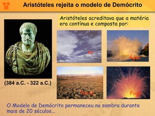 Aristóteles rejeita o modelo de Demócrito
Aristóteles acreditava que a matéria
era contínua e composta por:

Ar

Água

(384 a.C. - 322 a.C.)
Terra

Fogo

O Modelo de Demócrito permaneceu na sombra durante
mais de 20 séculos...

 