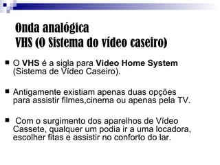 Onda analógica  VHS (O Sistema do vídeo caseiro) O  VHS  é a sigla para  Video Home System   (Sistema de Vídeo Caseiro).  Antigamente existiam apenas duas opções  para assistir filmes,cinema ou apenas pela TV. Com o surgimento dos aparelhos de Vídeo Cassete, qualquer um podia ir a uma locadora, escolher fitas e assistir no conforto do lar. 