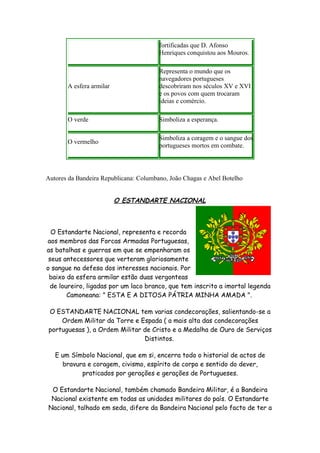 fortificadas que D. Afonso
                                        Henriques conquistou aos Mouros.

                                        Representa o mundo que os
                                        navegadores portugueses
       A esfera armilar                 descobriram nos séculos XV e XVI
                                        e os povos com quem trocaram
                                        ideias e comércio.

       O verde                          Simboliza a esperança.

                                        Simboliza a coragem e o sangue dos
       O vermelho
                                        portugueses mortos em combate.




Autores da Bandeira Republicana: Columbano, João Chagas e Abel Botelho


                          O ESTANDARTE NACIONAL



  O Estandarte Nacional, representa e recorda
aos membros das Forcas Armadas Portuguesas,
as batalhas e guerras em que se empenharam os
 seus antecessores que verteram gloriosamente
o sangue na defesa dos interesses nacionais. Por
 baixo da esfera armilar estão duas vergonteas
 de loureiro, ligadas por um laco branco, que tem inscrito a imortal legenda
       Camoneana: " ESTA E A DITOSA PÁTRIA MINHA AMADA ".

O ESTANDARTE NACIONAL tem varias condecorações, salientando-se a
    Ordem Militar da Torre e Espada ( a mais alta das condecorações
portuguesas ), a Ordem Militar de Cristo e a Medalha de Ouro de Serviços
                               Distintos.

   E um Símbolo Nacional, que em si, encerra todo o historial de actos de
     bravura e coragem, civismo, espírito de corpo e sentido do dever,
           praticados por gerações e gerações de Portugueses.

 O Estandarte Nacional, também chamado Bandeira Militar, é a Bandeira
 Nacional existente em todas as unidades militares do país. O Estandarte
Nacional, talhado em seda, difere da Bandeira Nacional pelo facto de ter a
 