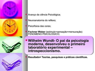  Avanço da ciência Psicológica;Avanço da ciência Psicológica;
 Neuroanatomia do reflexo;Neuroanatomia do reflexo;
 Psicofísica das cores;Psicofísica das cores;
 Fechner WeberFechner Weber (estimulo+sensação=mensuração)(estimulo+sensação=mensuração)
FENOMENO PSICOLÓGICO;FENOMENO PSICOLÓGICO;
 Wilhelm Wundt- O pai da psicologiaWilhelm Wundt- O pai da psicologia
moderna, desenvolveu o primeiromoderna, desenvolveu o primeiro
laboratório experimental –laboratório experimental –
introspeccionismo.introspeccionismo.
 Resultado= Teorias, pesquisas e práticas científicas.Resultado= Teorias, pesquisas e práticas científicas.
 