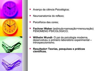    Avanço da ciência Psicológica;

   Neuroanatomia do reflexo;

   Psicofísica das cores;

   Fechner Weber (estimulo+sensação=mensuração)
    FENOMENO PSICOLÓGICO;

   Wilhelm Wundt- O pai da psicologia moderna,
    desenvolveu o primeiro laboratório experimental –
    introspeccionismo.

   Resultado= Teorias, pesquisas e práticas
    científicas.
 