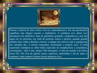 Passou a mirá-la de alto a baixo. Fez-se e desconheceu-a. Era um pavãozinho
orgulhoso que chegou mesmo a maltratá-la. A carinhosa ave, dessa vez,
desesperou em definitivo. Saiu do galinheiro gritando e dispunha-se a cair nas
águas de rio próximo, em sinal de protesto contra o destino, quando grande
galinha mais velha a abordou, curiosa, a indagar dos motivos que a segregavam
em tamanha dor. A mísera respondeu, historiando o próprio caso. A irmã
experiente estampou no olhar linda expressão de complacência e considerou,
cacarejando: - Que é isto, amiga? Não desespere. A obra do mundo é de Deus,
nosso Pai. Há ovos de gansos, perus, marrecos, andorinhas e até de sapos e
serpentes, tanto quanto existem nossos próprios ovos.
 
