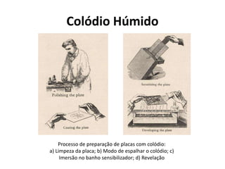 Colódio Húmido
Processo de preparação de placas com colódio:
a) Limpeza da placa; b) Modo de espalhar o colódio; c)
Imersão no banho sensibilizador; d) Revelação
 