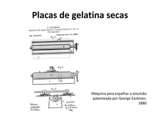 Placas de gelatina secas
Máquina para espalhar a emulsão
patenteada por George Eastman,
1880
 