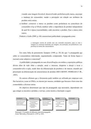 36
visando uma imagem favorável, desenvolvendo preferência pela marca, encorajar
a mudança do consumidor, mudar a percepção em relação aos atributos do
produto entre outras;
c) lembrar: conservar a marca ou produto como preferência na consciência do
consumidor (Top of Mind), lembrar sobre a importância do produto independente
de qual for à época (sazonalidade), onde encontrar o produto, fixar a marca entre
outros.
Pinheiro e Gullo (2005, p. 46) caracterizam publicidade e propaganda como:
a mensagem correta de acordo com seu conteúdo necessário, para se criar a
imagem ou continuar mantendo sua imagem, sua aceitação, sua preferência e sua
presença na mente dos consumidores.
Em outra linha de pensamento Sampaio (1999, p. 36) diz que “a propaganda age
sobre os consumidores informando, argumentando, comparando. Tanto de forma lógica e
racional como subjetiva e emocional”.
A publicidade e propaganda em suas diversificações em mídias e exposições públicas
devem além de tudo obter a atenção, atrair o interesse, despertar o desejo e levar o
consumidor-alvo à ação, sendo fator de diferenciação de produtos e de marcas, atuando por
procuração na diferenciação de características de produto (MCCARTHY; PERREAULT JR.,
1997).
Os autores afirmam que a ferramenta pode também ser utilizada por empresas sem
fins lucrativos, como as ONGs, ou mesmo por museus, entidades que buscam o bem-estar das
comunidades e diversas outras.
Os objetivos determinam que tipo de propaganda seja necessário, dependendo em
que estágio se encontra o produto, o serviço, como mostra a ilustração a seguir:
Ilustração 7: Exemplos de diferentes tipos de propaganda
Fonte: McCarthy e Perreault Jr. (1997, p. 262).
 