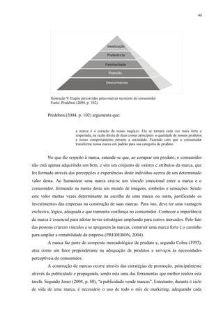 40
Ilustração 9: Etapas percorridas pelas marcas na mente do consumidor
Fonte: Predebon (2004, p. 102).
Predebon (2004, p. 102) argumenta que:
a marca é o coração de nosso negócio. Ela se tornará cada vez mais forte e
respeitada, na razão direta de duas coisas principais: a qualidade de nossos produtos
e nosso comportamento perante a sociedade. Fazendo com que o consumidor
transforme nossa marca em padrão para sua categoria de produto.
No que diz respeito à marca, entende-se que, ao comprar um produto, o consumidor
não está apenas adquirindo um bem, e sim um conjunto de valores e atributos da marca, que
foi formado através das percepções e experiências deste indivíduo acerca de um determinado
valor desta. Ao humanizar uma marca cria-se um vínculo emocional entre a marca e o
consumidor, formando na mente deste um mundo de imagens, símbolos e sensações. Sendo
este valor muitas vezes determinante na escolha de uma marca ou outra, justificando os
investimentos das empresas na construção de suas marcas. Para isto, deve ter uma vantagem
exclusiva, lógica, adequada e que transmita confiança no consumidor. Conhecer a importância
da marca é essencial para adotar novas estratégias ampliando para outros mercados. Pelo fato
das pessoas criarem vínculos e se apegarem às marcas, construir uma marca forte é o caminho
para ampliar a rentabilidade da empresa (PREDEBON, 2004).
A marca faz parte do composto mercadológico de produto e, segundo Cobra (1997),
atua como um fator preponderante na adequação de produtos e serviços às necessidades
perceptíveis do consumidor.
A construção de marcas ocorre através das estratégias de promoção, principalmente
através da publicidade e propaganda, sendo esta uma das ferramentas que melhor realiza esta
tarefa. Segundo Jones (2004, p. 80), “a publicidade vende marcas”. Entretanto, durante o ciclo
de vida de uma marca, é necessário o uso de todo o mix de marketing, adequando cada
 