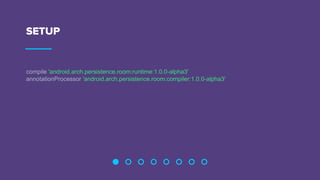 SETUP
compile 'android.arch.persistence.room:runtime:1.0.0-alpha3'
annotationProcessor 'android.arch.persistence.room:compiler:1.0.0-alpha3'
 