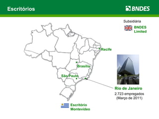 Escritório Montevideo BNDES Limited Rio de Janeiro 2.723 empregados (Março de 2011) Subsidiária Escritórios  Brasília Recife São Paulo   