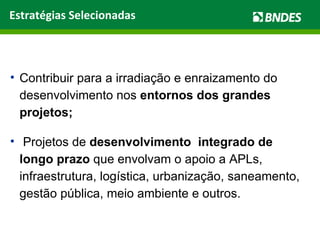 Contribuir para a irradiação e enraizamento do desenvolvimento nos  entornos dos grandes projetos; Projetos de  desenvolvimento  integrado de longo prazo  que envolvam o apoio a APLs, infraestrutura, logística, urbanização, saneamento, gestão pública, meio ambiente e outros. Estratégias Selecionadas 