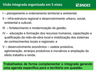 I – planejamento e ordenamento territorial e ambiental; II – infra-estrutura regional e desenvolvimento urbano, social, ambiental e cultural; III  – fortalecimento e modernização de gestão; IV –  educação e formação dos recursos humanos, capacitação e qualificação da mão-de-obra local e mobilização dos sistemas de conhecimentos locais e regionais; e  V – desenvolvimento econômico – cadeia produtiva, aglomeração, arranjos produtivos e inovativos e ampliação do efeito trabalho e renda. Trabalhados de forma complementar e integrada gerando uma agenda específica para o território em questão. Visão Integrada organizada em 5 eixos 