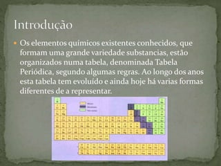  Os elementos químicos existentes conhecidos, que
formam uma grande variedade substancias, estão
organizados numa tabela, denominada Tabela
Periódica, segundo algumas regras. Ao longo dos anos
esta tabela tem evoluído e ainda hoje há varias formas
diferentes de a representar.
 