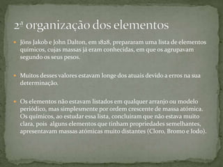  Jöns Jakob e John Dalton, em 1828, prepararam uma lista de elementos
químicos, cujas massas já eram conhecidas, em que os agrupavam
segundo os seus pesos.
 Muitos desses valores estavam longe dos atuais devido a erros na sua
determinação.
 Os elementos não estavam listados em qualquer arranjo ou modelo
periódico, mas simplesmente por ordem crescente de massa atómica.
Os químicos, ao estudar essa lista, concluíram que não estava muito
clara, pois alguns elementos que tinham propriedades semelhantes,
apresentavam massas atómicas muito distantes (Cloro, Bromo e Iodo).
 